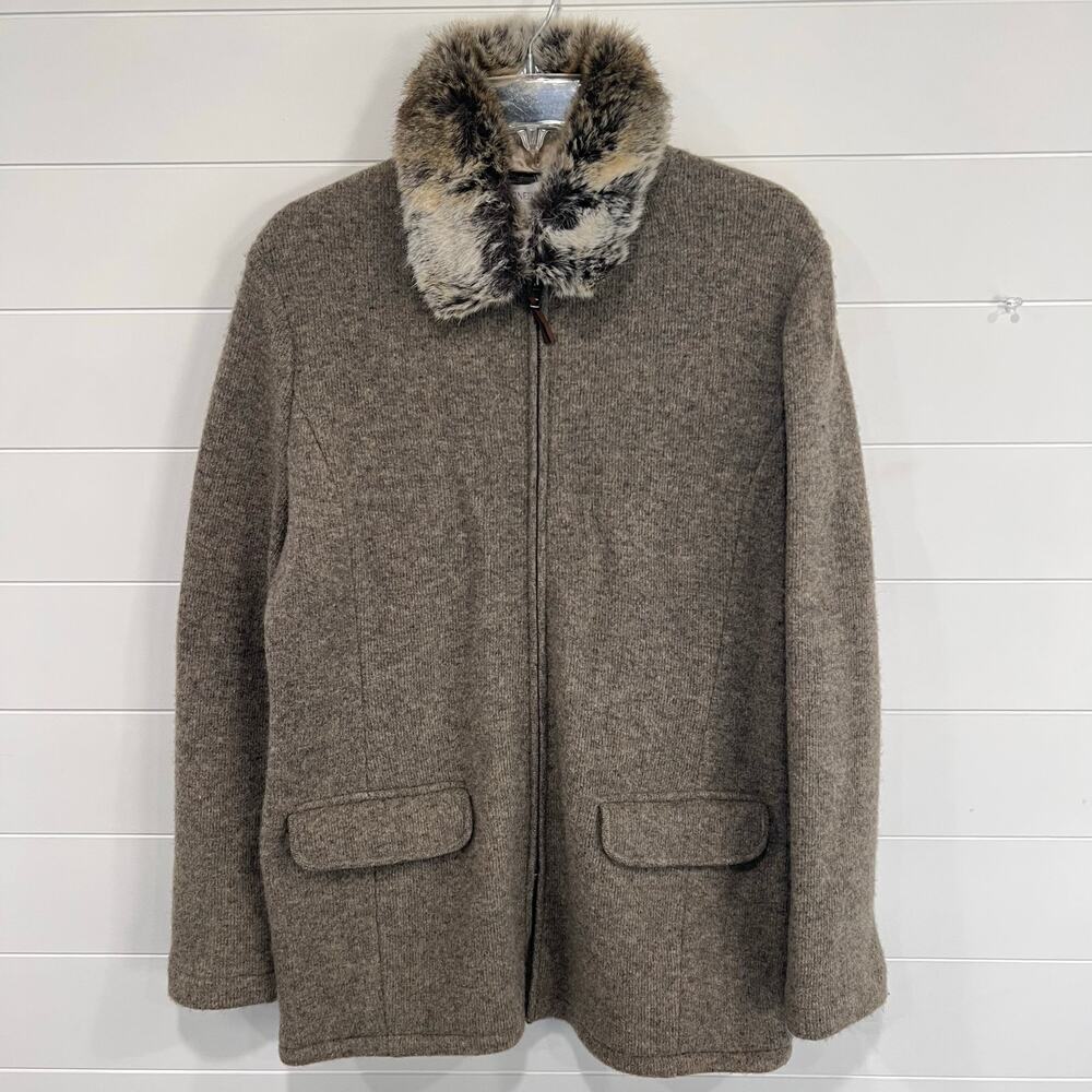 Jones New York Vintage Lambswool Zip Up Sweater size  Medium Faux Fur Collar